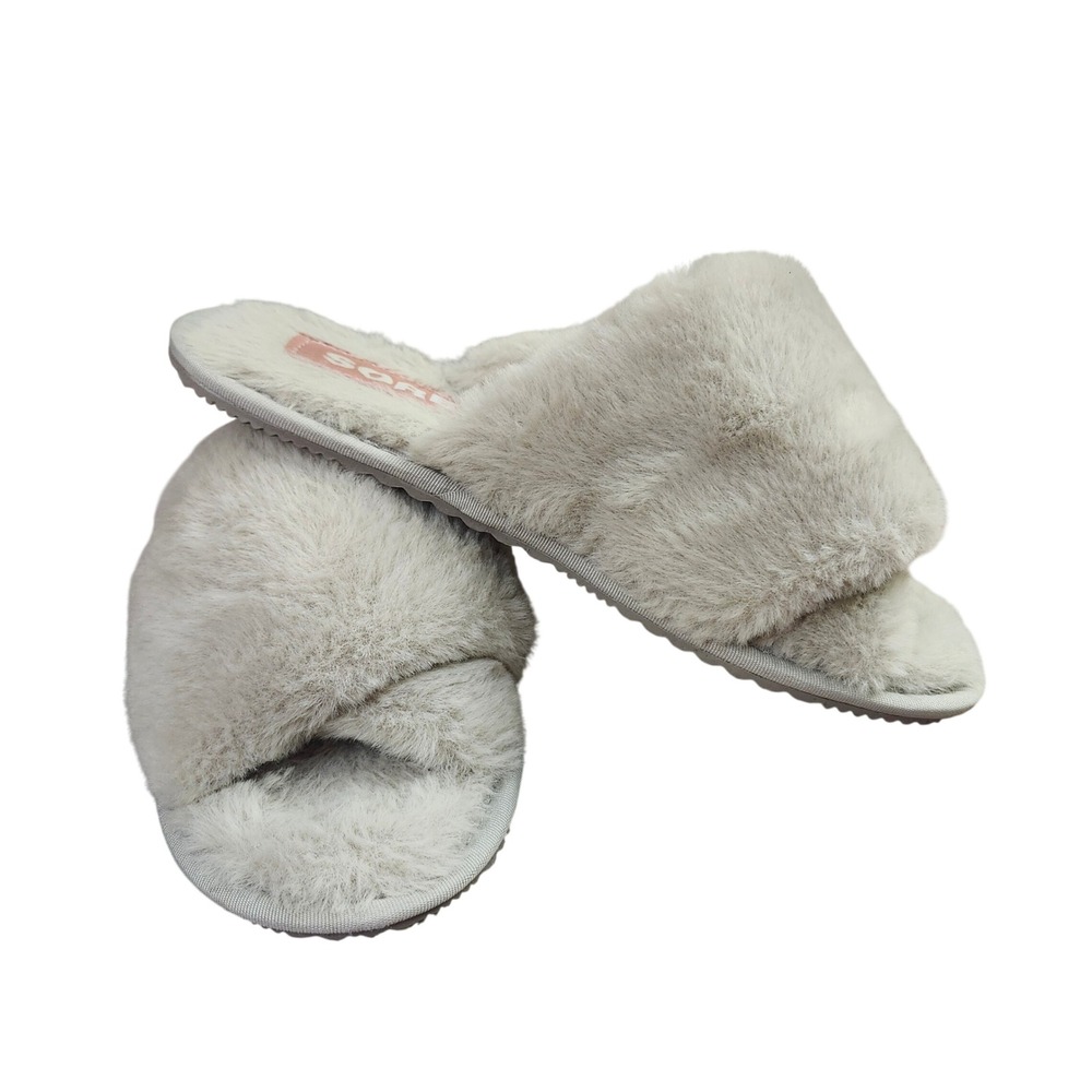 Sorel Go Mail Run faux fur quarry‎ Gray slip-on comfort slippers Sz 6 comfy soft